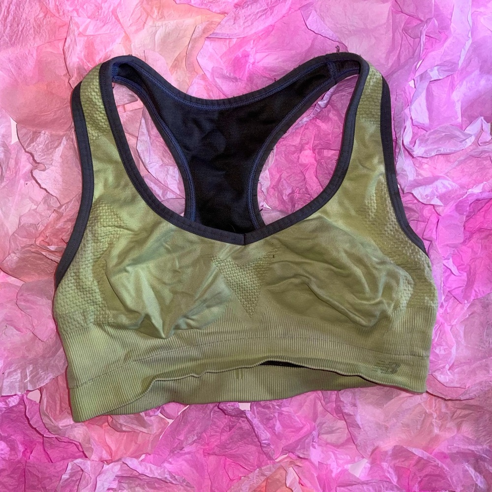 Reversible lime green and grey sports bra.